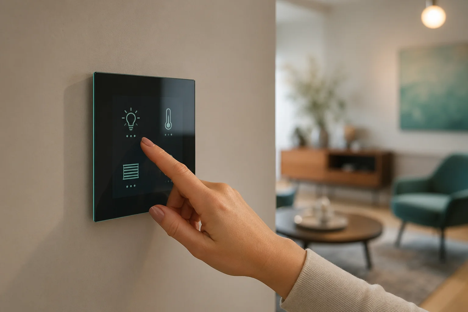 Hand bedient ein modernes KNX-Smart-Home-Touchpanel in einem Wohnraum